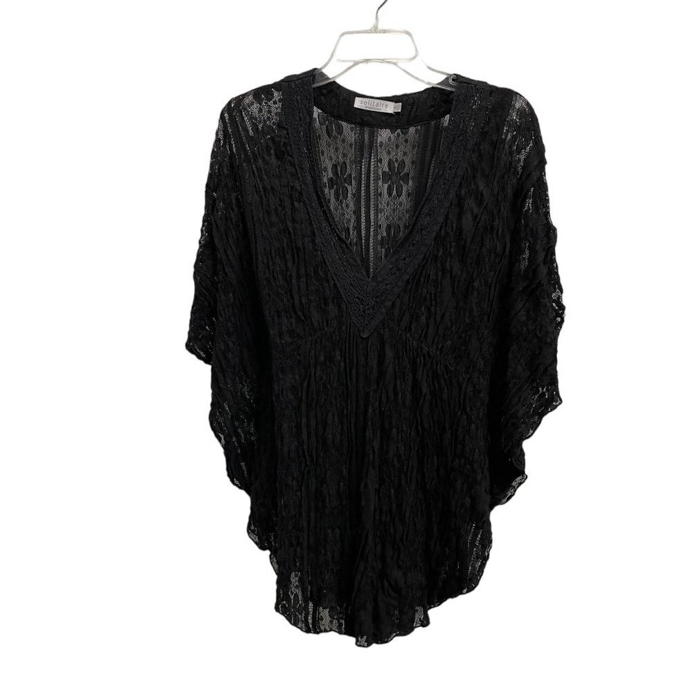 Solitaire Women's Black Sheath Blouse Knit V Neck Butterfly Sleeves Stretch - Picture 10 of 10